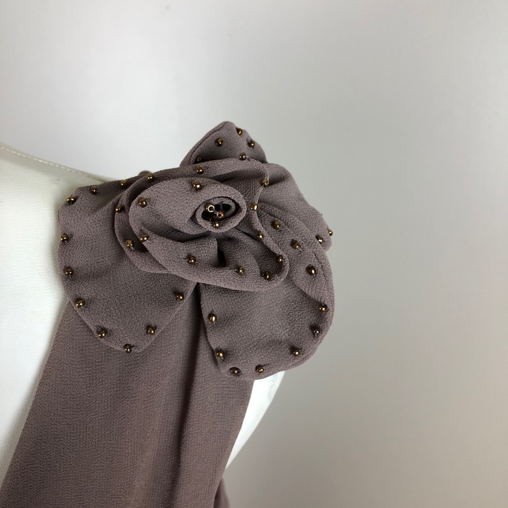 Kali Taupe Dress with Beaded Shoulder Rosettes - Picture 4 of 6